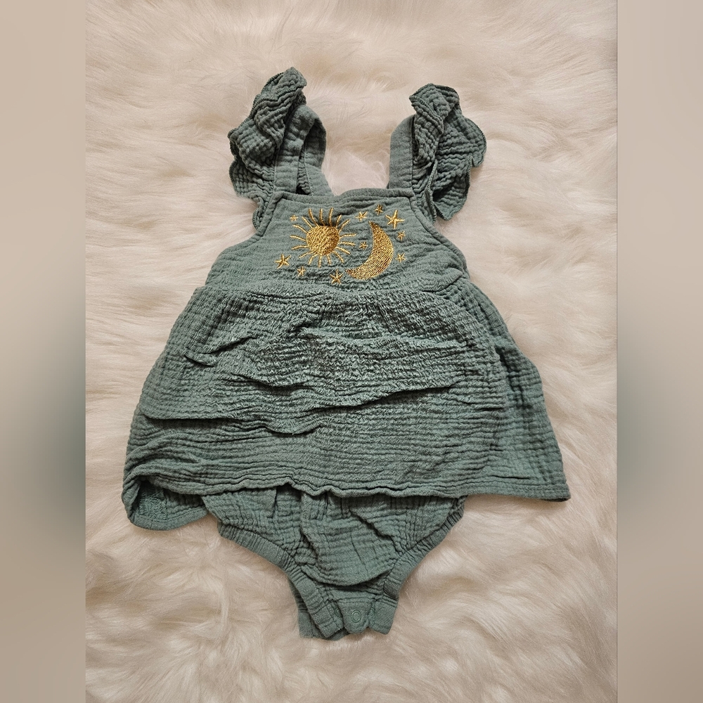 Green Baby Romper with Sun and Moon Design